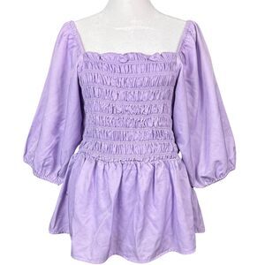 Vero‎ Moda Top Shirring Puff-Sleeves Peplum Square-Neck Babydoll Large Lavender